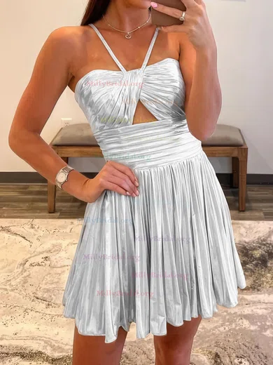 Unique Silver Skater Pleated Cut Out Homecoming Dresses millybridal