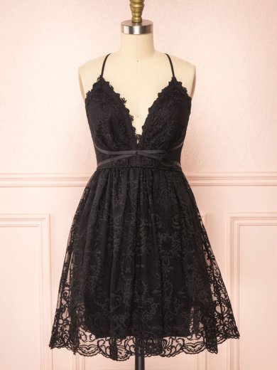 Petite Black Skater Lace V-neck Homecoming Dresses #Milly02054567