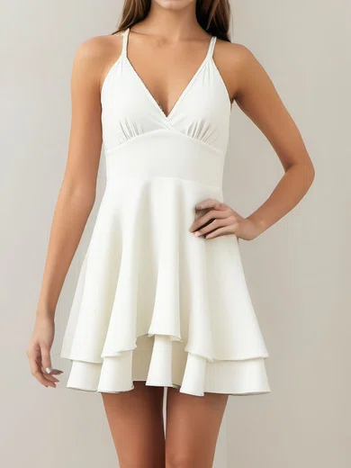 White V-neck Stretch Crepe Tiered Homecoming Dresses #Milly02054540