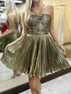 Unique Champagne Metallic Skater Pleated Homecoming Dresses #Milly02054577