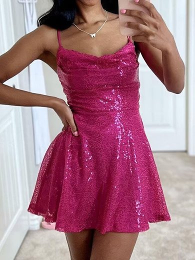 Sparkly Skater Sequin Cowl Neck Ruched Homecoming Dresses S02054635