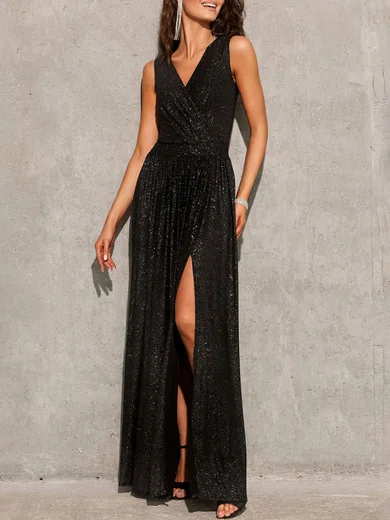 Glitter Black A-line V-neck Split Ruched Maxi Dress PT020121835