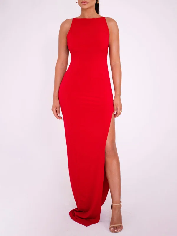 Red Scoop Neck Jersey Split Formal Dress PT02026053