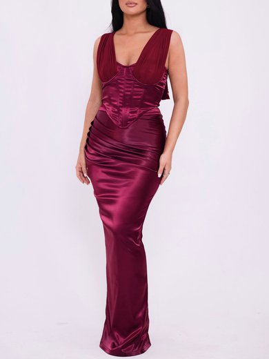 Burgundy V-neck Satin Split Formal Dress PT02026064