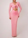 Cut Out Pink V-neck Sequin Ruched Long Sleeve Formal Dress PT02026077