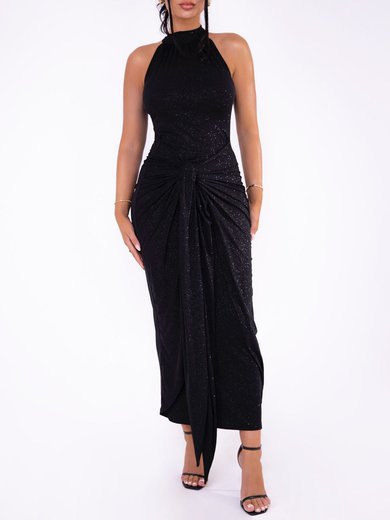 Black High Neck Glitter Ruched Formal Dress PT02026091