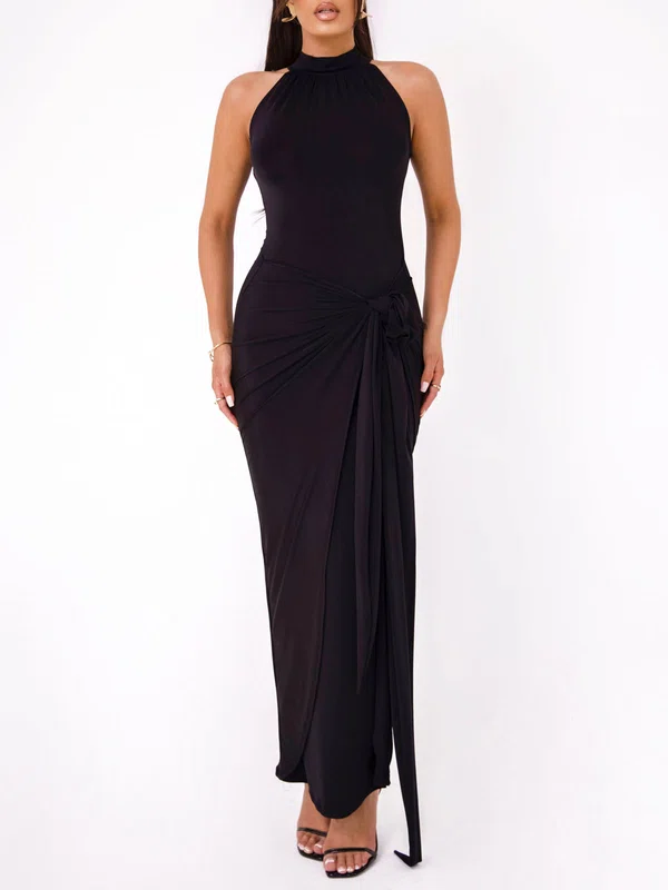 Black High Neck Jersey Ruched Formal Dress PT02026095