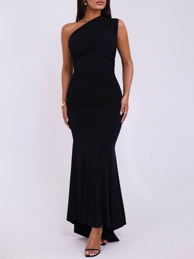 Black Sheath/Column One Shoulder Jersey Ruched Formal Dress PT02026100