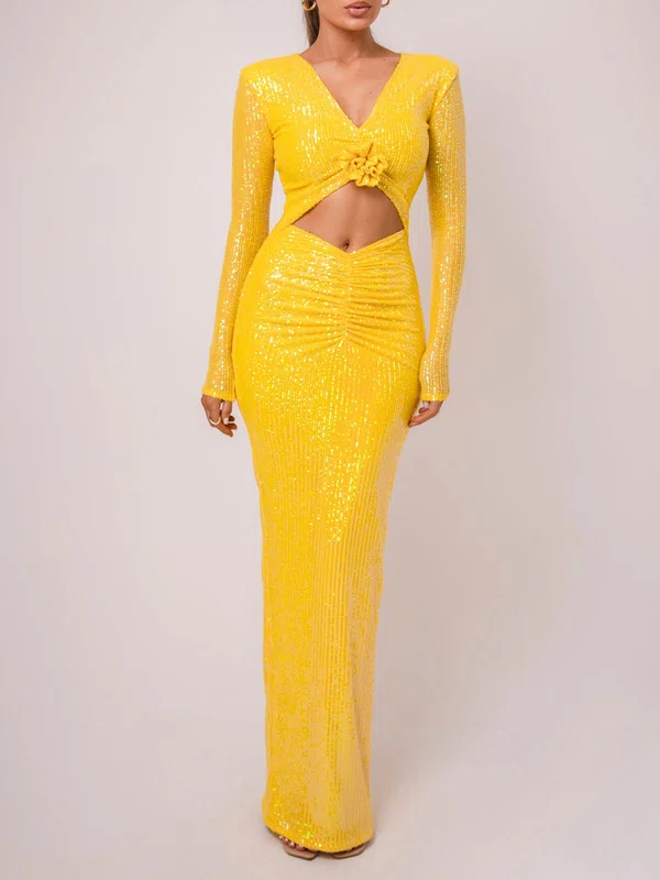 Cut Out Yellow V-neck Sequin Long Sleeve Formal Dress PT02026118