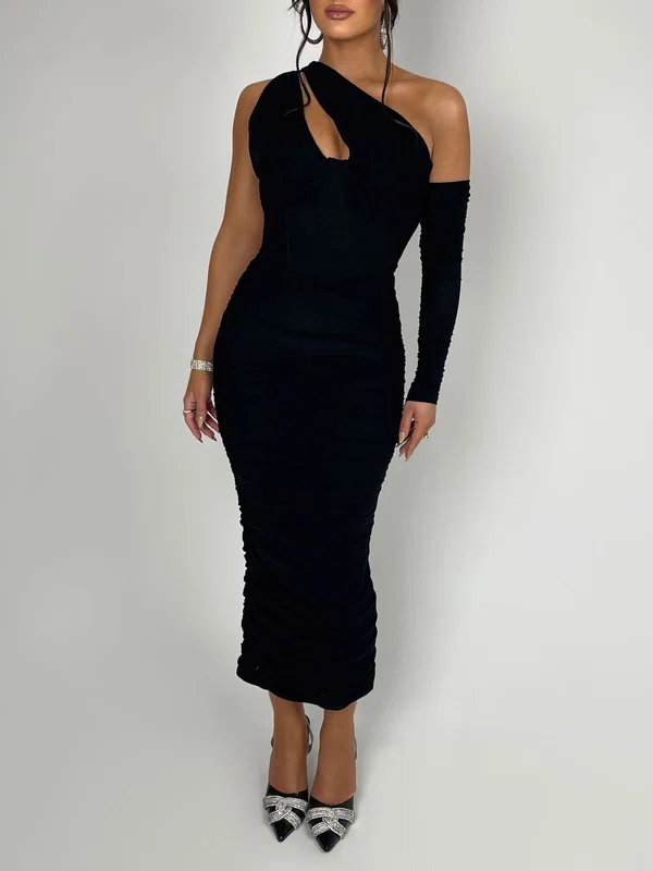 Cut Out One Shoulder Ruched Long Sleeve Formal Dress PT02026129