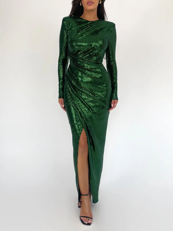 Scoop Neck Sequin Long Sleeve Split Formal Dress PT02026178