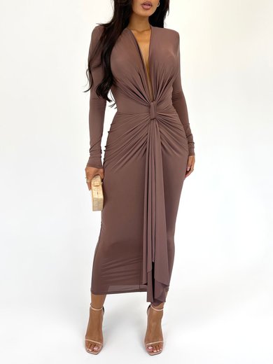 Long Sleeve V-neck Ruched Jersey Formal Dress PT02026197