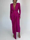 Fuchsia Long Sleeve Sheath/Column V-neck Jersey Ruched Formal Dress PT02026226