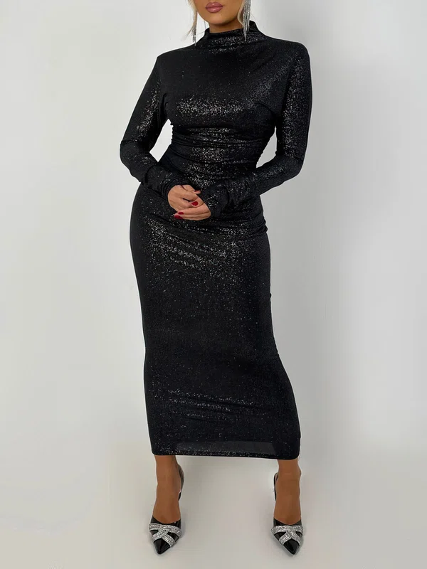 Black Long Sleeve Sheath/Column High Neck Glitter Ruched Formal Dress PT02026241