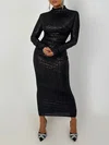 Black Long Sleeve Sheath/Column High Neck Glitter Ruched Formal Dress PT02026241