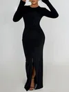 Black Long Sleeve Sheath/Column Scoop Neck Jersey Split Formal Dress PT02026247