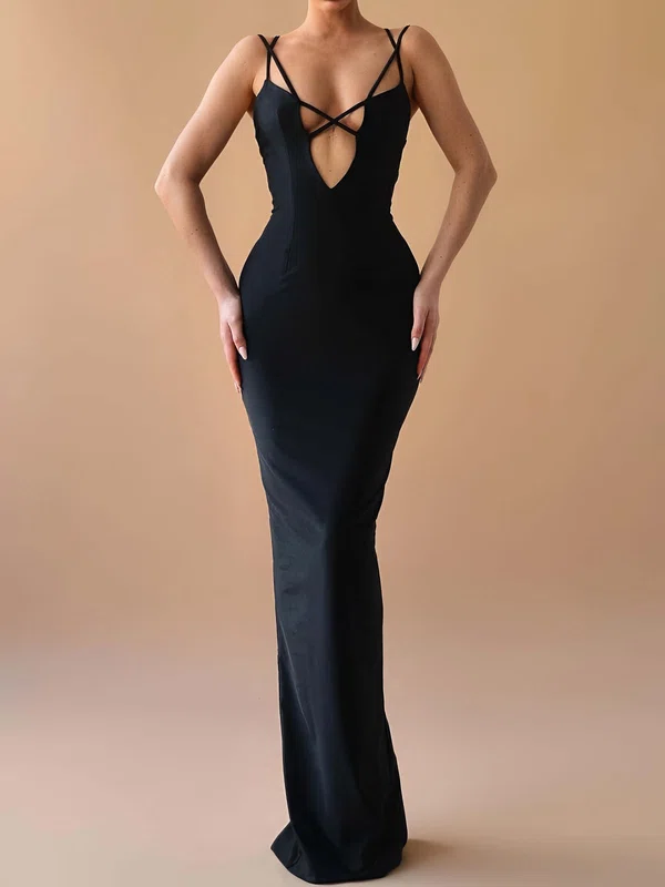 Petite Black Stretch Crepe Sheath/Column V-neck Formal Dresses PT02028328