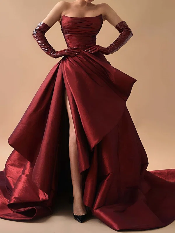 Modest Burgundy Taffeta Straight Ruched Formal Dresses PT02028334