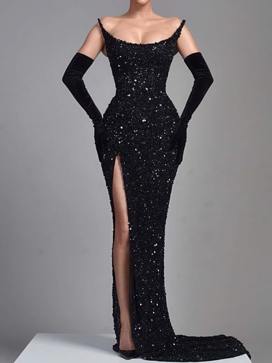 Sparkly Black Sequin Sheath/Column Straight Split Formal Dresses PT02028350