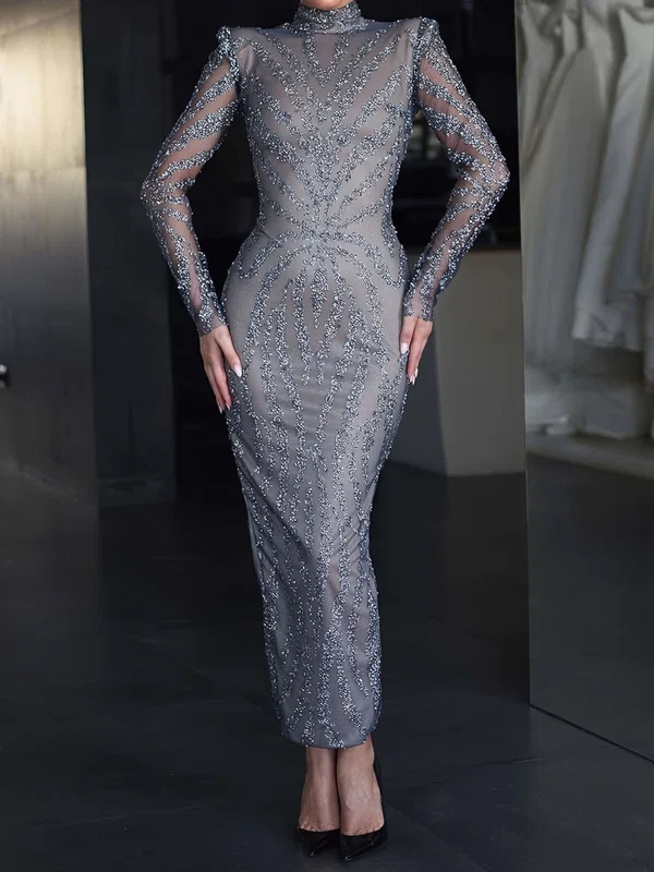 Glitter Sheath/Column High Neck Long Sleeves Formal Dresses PT02028384