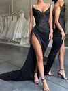 Glitter Balck Sequin Satin Sheath/Column Ruched Formal Dresses PT02028385