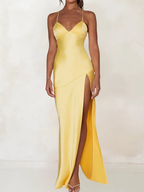 Petite Sheath/Column Satin V-neck Lace-Up Split Formal Dresses PT02028405