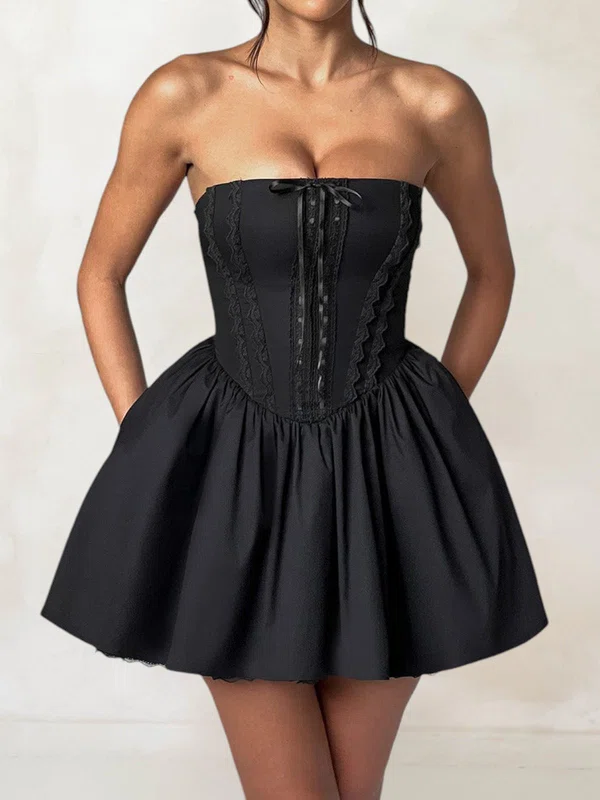 Puffy Black Satin Skater Straight Lace Mini Dress PT02054707