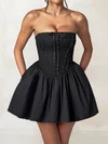Puffy Black Satin Skater Straight Lace Mini Dress PT02054707