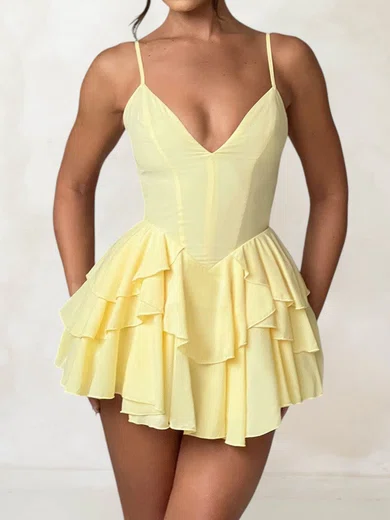 Backless A-line V-neck Tiered Ruffle Homecoming Dresses PT02054745