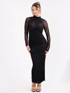 Elegant Black Tulle Sheath/Column Long Sleeve Ruched Maxi Dress PT02028423