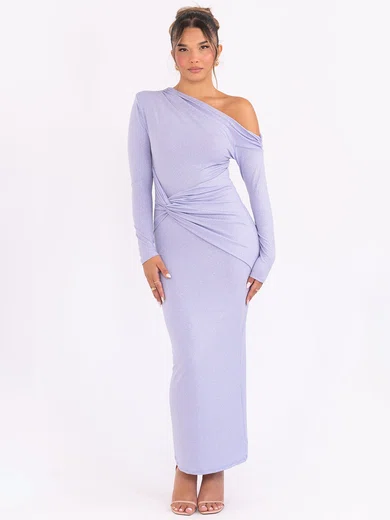 Glitter Sheath/Column Asymmetrical Neck Ruched Maxi Dress PT02028432