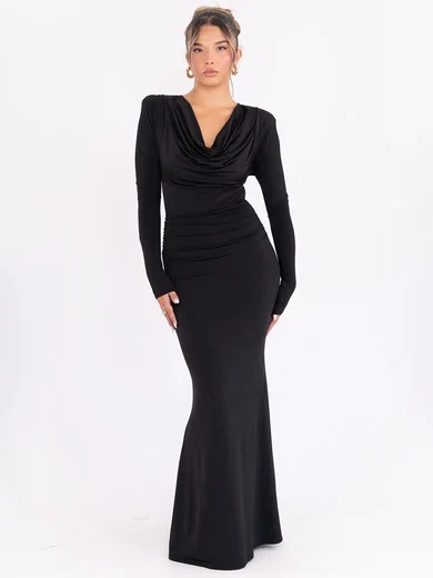 Elegant Black Jersey Sheath/Column Cowl Neck Ruched Maxi Dress PT02028440