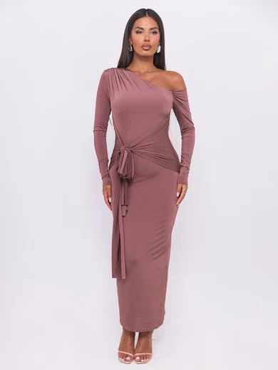 Unique Sheath/Column Jersey Asymmetrical Neck Ruched Maxi Dress PT02028445