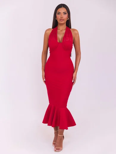 Elegant Red Stretch Crepe Trumpet/Mermaid Ruffle Maxi Dress PT02028463