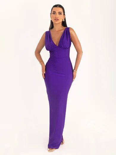 Elegant Sheath/Column Jersey V-neck Ruched Maxi Dress PT02028475