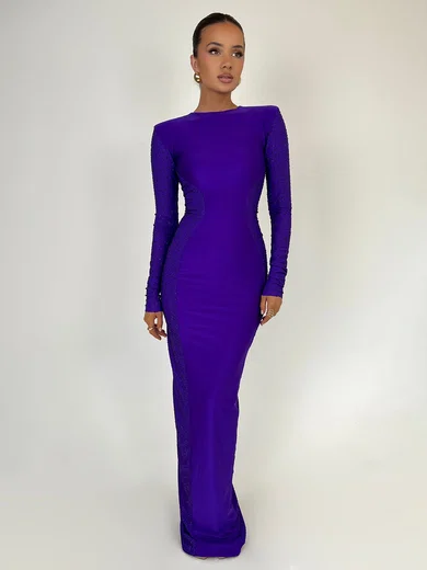 Modest Sheath/Column Jersey Long Sleeve Beaded Maxi Dress PT02028477