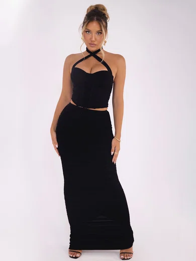 Unique Black Jersey Sheath/Column Halter Ruched Maxi Dress PT02028478