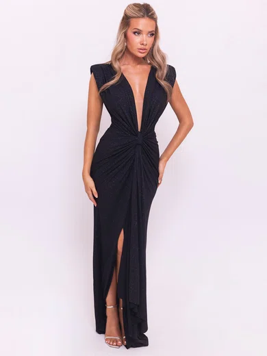 Glitter Black Sheath/Column V-neck Ruched Maxi Dress PT02028487
