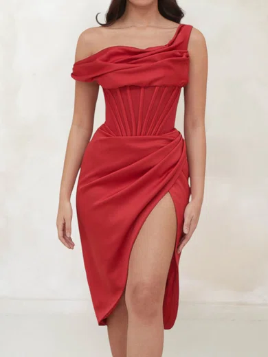 Corset Red Satin Sheath/Column Ruched Midi Dress PT02028490