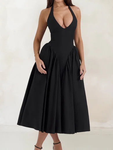 Puffy Black Satin Ball Gown/Princess Halter Ruched Midi Dress PT02028497