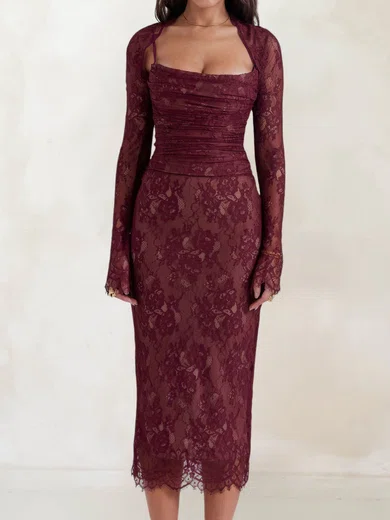 Elegant Sheath/Column Lace Cowl Neck Ruched Midi Dress PT02028500