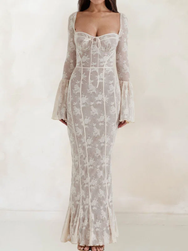 Elegant White Lace Trumpet/Mermaid Ruffle Formal Dresses PT02028504