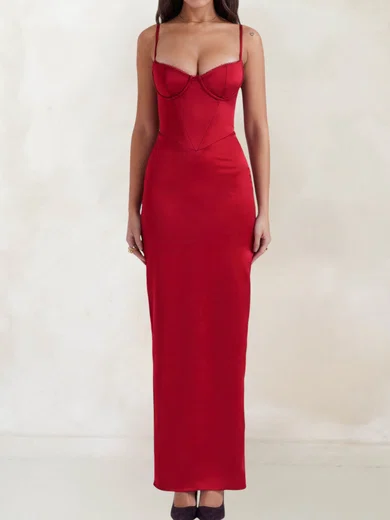 Modest Red Satin Sheath/Column Sweetheart Formal Dresses PT02028507