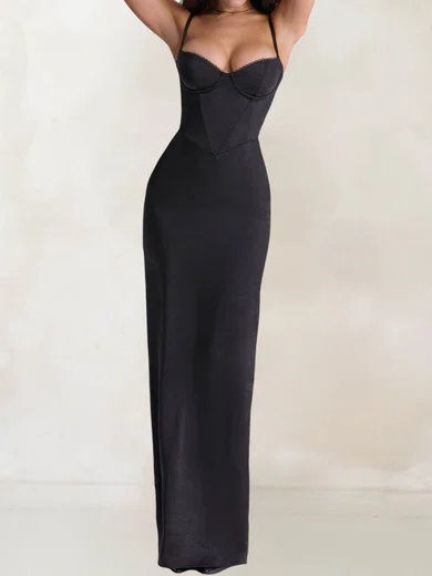 Modest Black Satin Sheath/Column Sweetheart Formal Dresses PT02028508