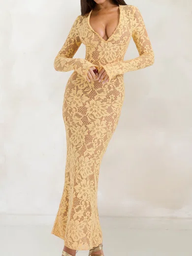 Elegant Sheath/Column Lace V-neck Long Sleeve Formal Dresses PT02028513