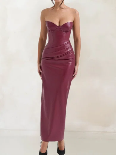 Modest Burgundy Sheath/Column Sweetheart Ruched Formal Dresses PT02028521