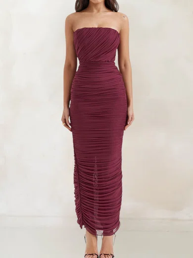 Modest Burgundy Tulle Sheath/Column Straight Ruched Formal Dresses PT02028524