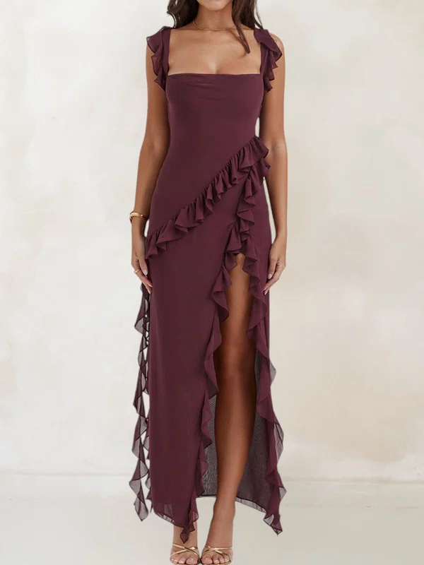 Unique Sheath/Column Chiffon Square Neck Ruffle Formal Dresses PT02028525