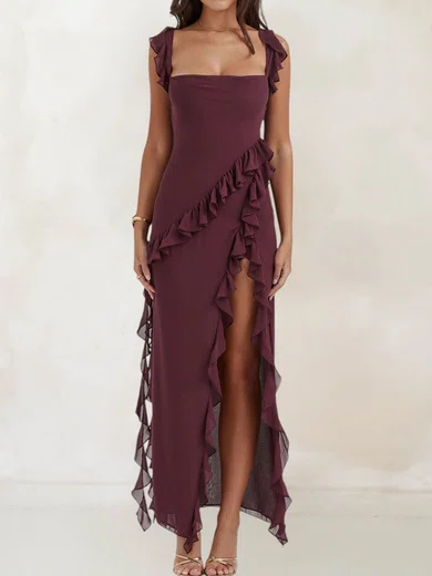 Unique Sheath/Column Chiffon Square Neck Ruffle Formal Dresses PT02028525