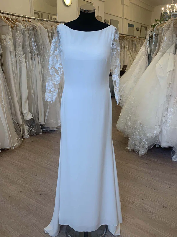 Sheath/Column Scoop Neck Chiffon Floor-length Wedding Dress With Lace #Milly00028294